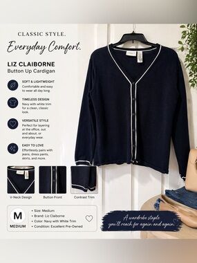 Liz Claiborne Navy Button Up Cardigan Size Medium Classic Sweater
